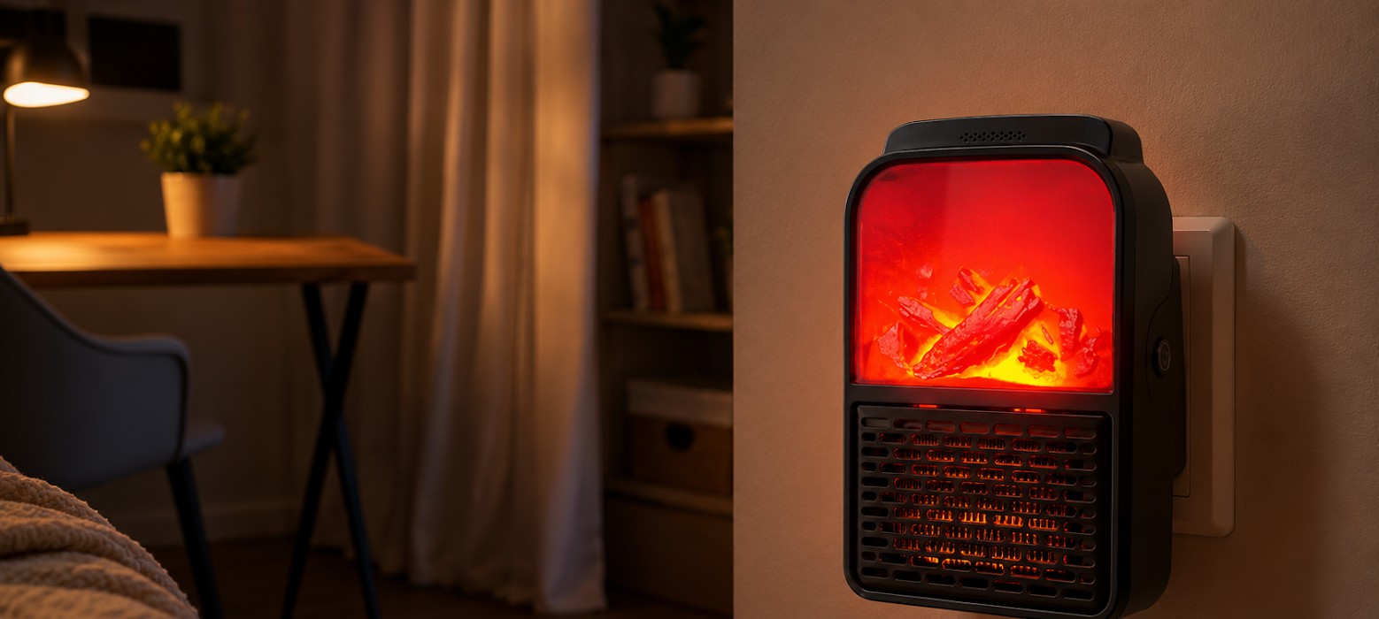 HeatWell portable heater plugged into a wall outlet with digital thermostat display
